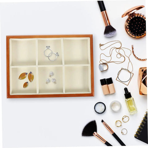 Premium Solid Wood Desktop Jewelry Organizer Tray With Divided Grid Compartments For Rings Necklaces Earrings And Watches Durable Storage Holder with segmented sections.