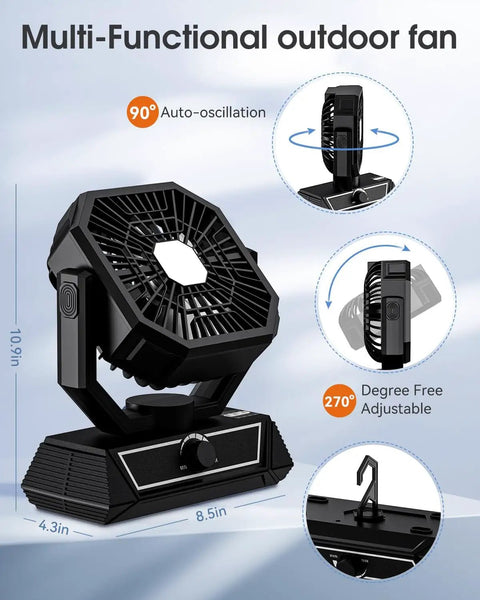 Rechargeable Portable Fan With 20000mAh Battery, USB C Powered, LED Lantern Included shown with adjustable head