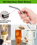12 Inch Stainless Steel Straws Replacement Set, Four Pack With Cleaning Brush shown in use with various drinks in large handle cups.