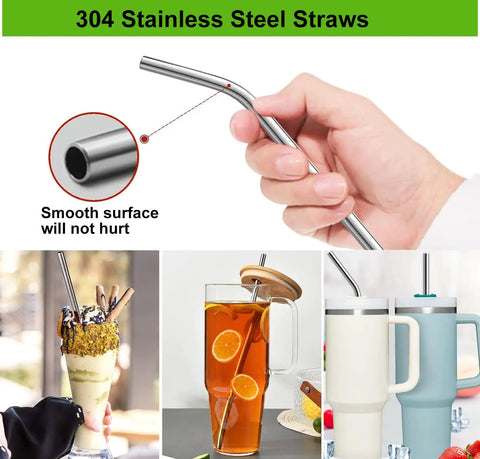 12 Inch Stainless Steel Straws Replacement Set, Four Pack With Cleaning Brush shown in use with various drinks in large handle cups.