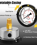 Front view of AetralYB 60 PSI pool filter pressure gauge with a 2-inch dial, 1/4 in NPT back mount, stainless steel case