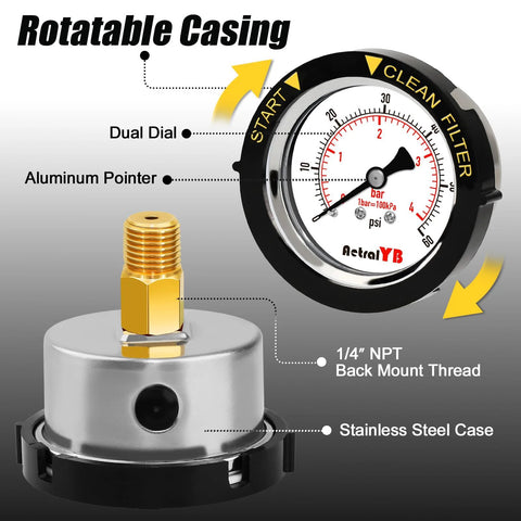 Front view of AetralYB 60 PSI pool filter pressure gauge with a 2-inch dial, 1/4 in NPT back mount, stainless steel case