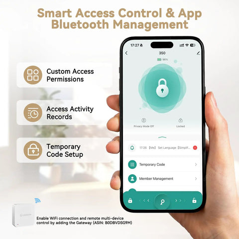 Smart Access Control app on smartphone showcasing Bluetooth management features for Rock Solid 5 In 1 Smart Deadbolt.