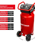 20 Gallon Oil Free Air Compressor With 1.8 HP Motor Pushing A Full 175 PSI showing specifications and red tank design.