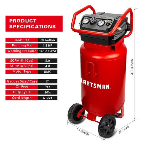 20 Gallon Oil Free Air Compressor With 1.8 HP Motor Pushing A Full 175 PSI showing specifications and red tank design.