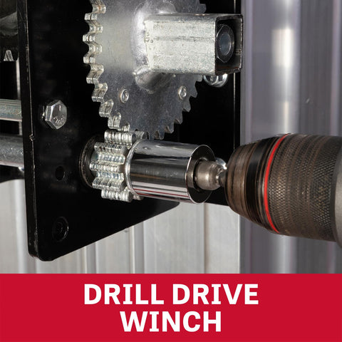 Close-up of drill drive winch mechanism on Material Lift Made For The Shop Floor Beast With 24 Ft Lift Height And 650 Lbs Capacity