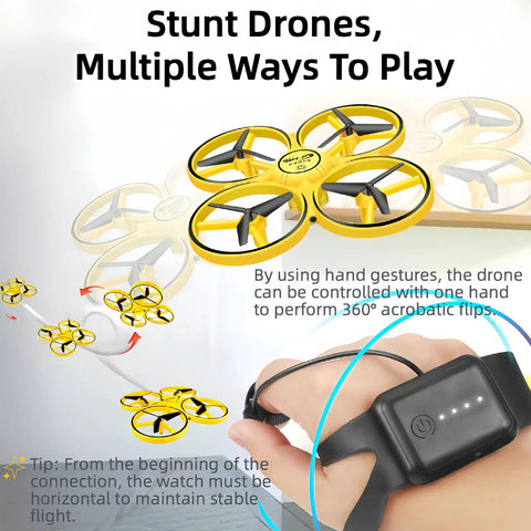 Diagram showing Kids Hand Controlled Drone With Gesture Sensing And Smart Watch Control LED Light Show Quad Copter airborne.