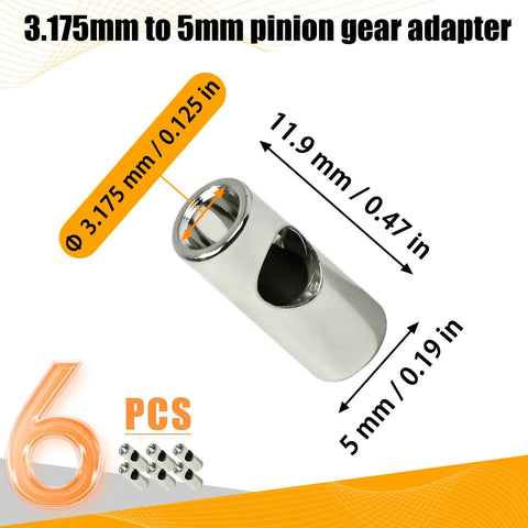 Stainless steel RC pinion gear adapter sleeve set, 3.175–5 mm, 6 pcs, for 1/10 RC cars