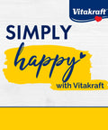 Graphic "Simply happy with Vitakraft" text in blue on a yellow background with Vitakraft logo.