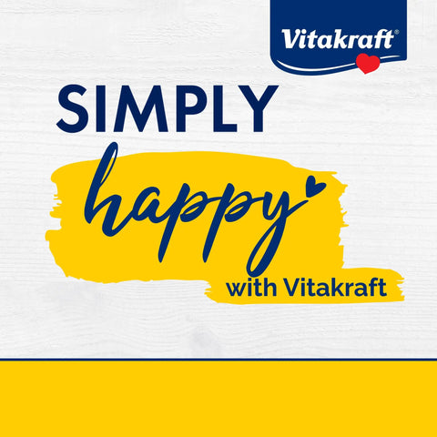 Graphic "Simply happy with Vitakraft" text in blue on a yellow background with Vitakraft logo.