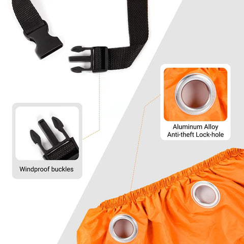Heavy Duty Outdoor Tricycle And Bicycle Cover For Two Bikes 210D Waterproof Polyester Large 90.5L 37.4W 49.2H Fits Adult Trikes And E Bikes Windproof Dustproof Storage All Weather Outdoor Shield Orange with windproof buckles and aluminum alloy lock holes