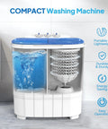 Compact Electric Washer And Dryer Combo Featuring Separate Wash And Spin Bins. Dual drum setup with water in washing tub.