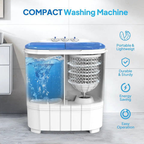 Compact Electric Washer And Dryer Combo Featuring Separate Wash And Spin Bins. Dual drum setup with water in washing tub.