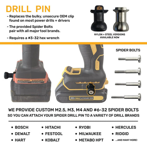 Drill Pin Holster with spider bolts and compatible brands for any power drill or driver.