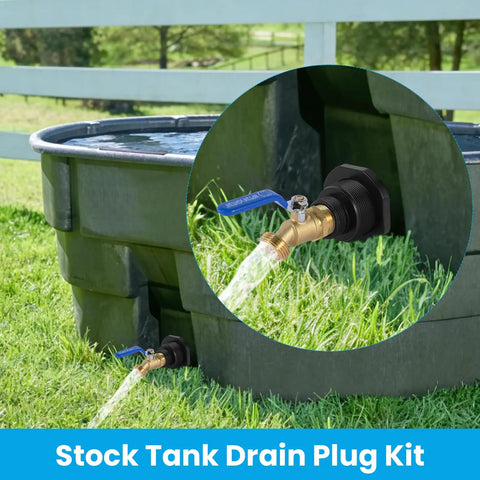Drain Plug Kit For Stock Tanks That Fit Rubbermaid 50 70 100 150 And 300 Gallon Models, brass hose faucet in use outdoors