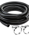 Coiled 2 Inch Flexible Black PVC Pipe 25 Ft Pool Hose with 2 stainless steel clamps, ideal for spa, koi ponds, and water gardens.