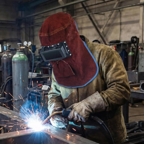 Welder using a Welding Helmet Mask With Flip Open Lens Leather Welding Hood and Protective Gear for face, neck, head shield.