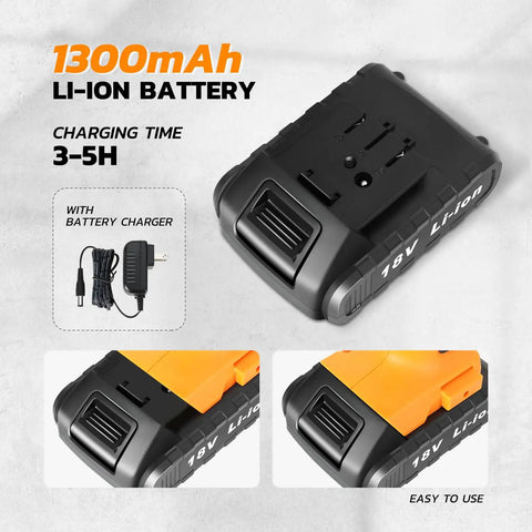 1300mAh 18V Li-Ion battery with charging time 3-5 hours, showing charger and close-up of black and orange battery design.