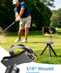 Magnetic Golf Cart Phone Holder For iPhone With 360 Degree Swivel And Tri Fold Arm next to golfing scene and phone on tripod.