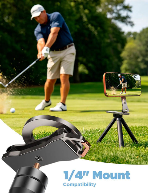 Magnetic Golf Cart Phone Holder For iPhone With 360 Degree Swivel And Tri Fold Arm next to golfing scene and phone on tripod.