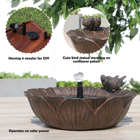 Sunflower Solar Bird Bath Fountain With Resting Bird Eco Friendly Solar Powered Outdoor Garden Water Feature With Three Nozzles Easy Setup For Bird Bath And Hummingbirds In The Yard Or Patio, featuring a rust finish with bird statue.