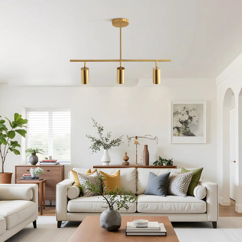 Gold Finish Sleek Linear Pendant Light With Three Adjustable Heads Ceiling Track Spotlight for living room, 29.5in track.