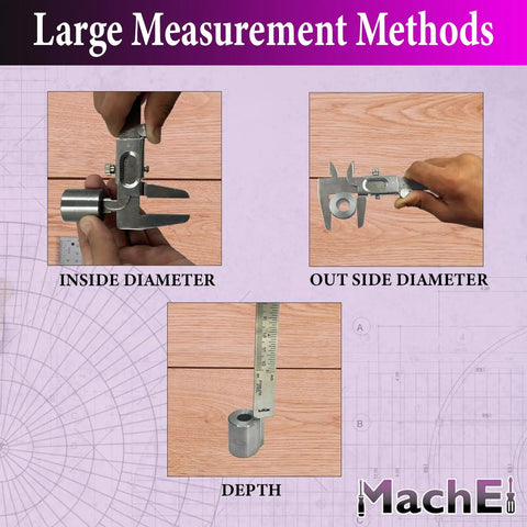 Pro Grade Non Digital Vernier Caliper For Inside Outside And Depth Measurements, Stainless Steel, showing three measurement methods