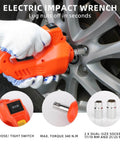 Close-up of orange electric impact wrench loosening lug nuts on a car wheel, with dual-size sockets and torque details visible.