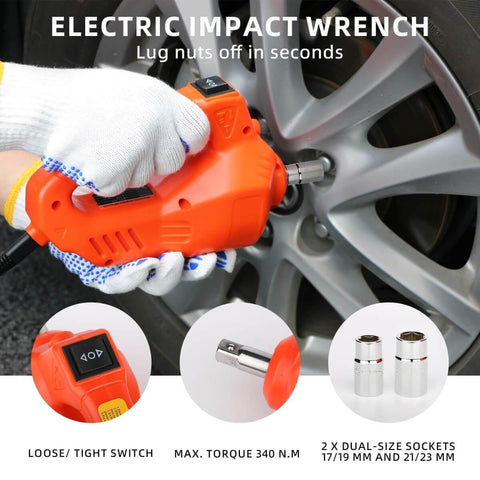 Close-up of orange electric impact wrench loosening lug nuts on a car wheel, with dual-size sockets and torque details visible.