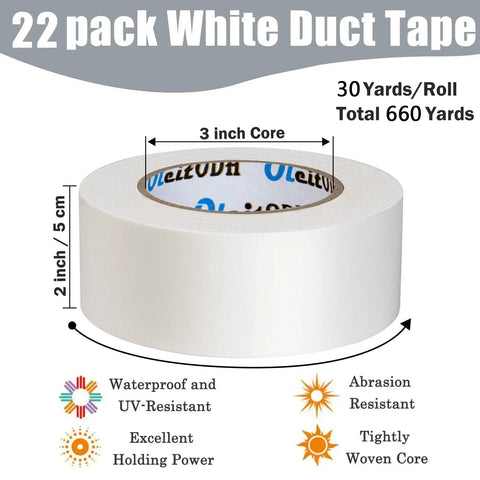 Bulk 22 Roll White Duct Tape 660 Yards 2 Inch Heavy Duty No Residue with dimensions and features.