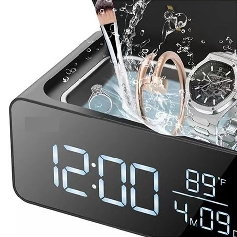 Score That Perfect Shine On All Your Favorite Bling Like Jewelry Glasses And Watches Using This Super Effective 48Khz Ultrasonic Deep Cleaning Machine With Smart Touch Controls And Precision Safety Alarm, showcasing a ring and watch in cleaning solution.
