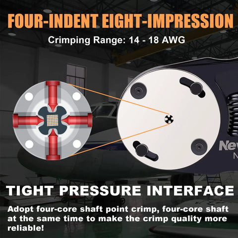 Diagram illustrating the Deutsch Connector Crimp Tool For 14 To 18 AWG Closed Barrel Pins, showing 4-indent, 8-impression crimp.