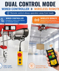 Top Rated CelyToe Electric Wire Rope Hoist With Dual Remote Control, 20 Meter Steel Cable Lifting for DIY Household Jobs, showing wired and wireless controllers.