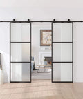 Sturdy Metal And Glass Sliding Double Barn Door With Hardware Kit 48 By 84 Inches installed in a modern living room