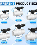 Different sizes of PVC ball valves shown, including 2-Pack One And One-Half Inch Slip PVC Ball Valves With Double Socket Full-Flow Port DIY