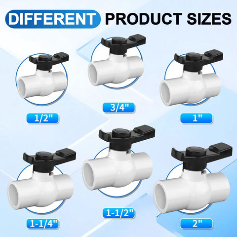 Different sizes of PVC ball valves shown, including 2-Pack One And One-Half Inch Slip PVC Ball Valves With Double Socket Full-Flow Port DIY