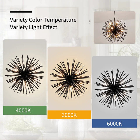 Modern Black Sputnik Chandelier 9 Light Pendant Ceiling Fixture With Starburst Firework Design color temperature display