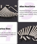 120Pcs M6x35mm 45mm 55mm 65mm 75mm Nickel Plated Silver Hex Drive Socket Cap Bolts And Barrel Nuts Kit With Allen Wrench, displayed with various bolt sizes and Allen wrench on a dark background.