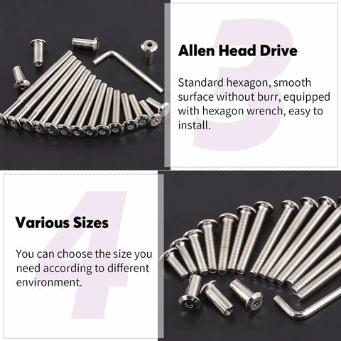 25 Pcs M6 Binding Screws and Barrel Nuts Assortment Hex Drive Socket Cap Bolts Nickel Plated Silver Includes Allen Wrench set with various sizes.