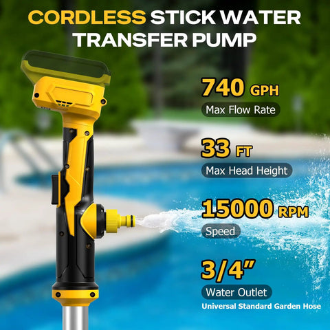 Cordless Stick Water Pump Designed For Plug And Play Setup On 20v Max Tools Grab And Go Gear For Farm Wells Or Pool Draining Built Tough For Dirty Work Without Breaking A Sweat Just Smooth Sailing Daily showing specs with flow rate, head height, and outlet size near pool.