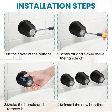 Installation steps for Matte Black 3 Piece Shower Knob Replacement Kit For Price Pfister And Gerber Faucets, showing handle removal.