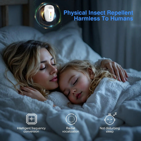 Sleeping family next to Premium Ultrasonic Indoor Pest Repeller With 3 Mode Switch 6 Pack Bug Busting Deterrent.