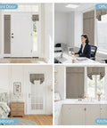 Privacy French Door Curtain Panel For Patio And Front Doors No Drill Easy Install Room Darkening Tie Up Shade With Strong Adhesive Straps W26 By L69 Inches Sand Color installed on front door, office, bedroom, and kitchen windows in a collage.