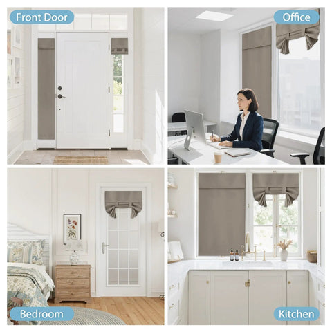 Privacy French Door Curtain Panel For Patio And Front Doors No Drill Easy Install Room Darkening Tie Up Shade With Strong Adhesive Straps W26 By L69 Inches Sand Color installed on front door, office, bedroom, and kitchen windows in a collage.