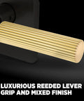 Reeded Dummy Door Lever for Closets and French Double Doors Satin Brass No Latch Non Turning Interior Push Pull Handle Single Sided Inactive Reversible Design for Pantry and Interior Doors Easy Fit No Fuss, close-up satin brass reeded grip