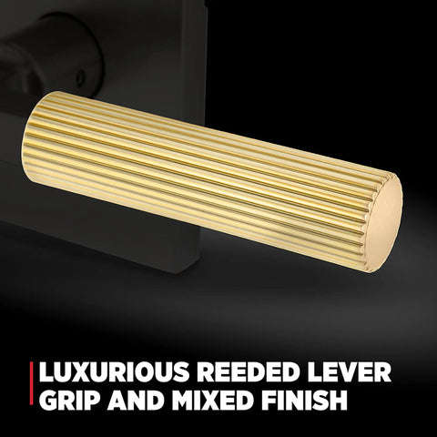 Reeded Dummy Door Lever for Closets and French Double Doors Satin Brass No Latch Non Turning Interior Push Pull Handle Single Sided Inactive Reversible Design for Pantry and Interior Doors Easy Fit No Fuss, close-up satin brass reeded grip