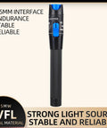 Front view of aluminum pen-type fiber optic VFL tester with blue switch and 2.5mm FC/SC/ST adapters