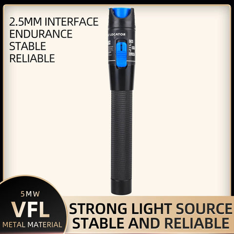 Front view of aluminum pen-type fiber optic VFL tester with blue switch and 2.5mm FC/SC/ST adapters