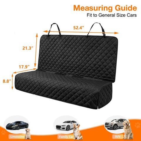 Waterproof Nonslip Pet Bench Seat Cover For Cars And SUVs, Scratchproof, 52 inches wide, shown with measuring guide and vehicles