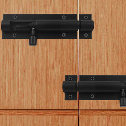 Premium Grade Steel Heavy Duty Three Inch Barrel Door Slide Bolt Lock Slick Black Finish on wooden doors, showing secure installation.
